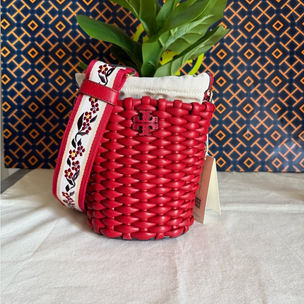 NWT Emerson Warm Red Woven mini Bucket Bag with Embroidered Strap